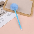 Close-up of light blue pom pom pen with soft plush ball and smooth plastic body - 0.5mm / Dark Blue