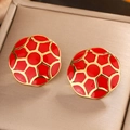 Chic 18K gold plated enamel soccer stud earrings with geometric honeycomb pattern - Gold E-328 (Red Gold/Honeycomb)