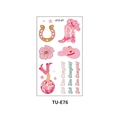 Pink cowboy temporary tattoos with cowgirl boots and disco ball designs, model TU-E76 - TU-E76