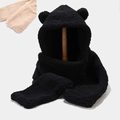 Set sciarpa con cappuccio in pile nero e beige con orecchie d'orso e texture morbida - M (56-58cm) / Orecchie di Orso Senza Tasche Set da 2 Pezzi Nero
