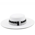 White flat top wide brim wool felt boater hat with pearl and rhinestone elastic band - M (56-58cm) / 04 White
