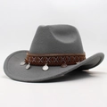 Detail of dark grey wool felt cowboy hat with ethnic embroidery and silver coin charms - Light Gray (Silver Coins)