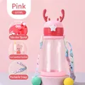 Pink and red 600ml deer-shaped children's water bottle with silicone straw and strap - 600ml Red Antler Style