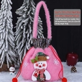 Sac cadeau de Noël en peluche rose avec bonhomme de neige 3D et poignée à cordon - Sac de Bonhomme de Neige en Peluche Similicuir