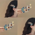 Traditional Chinese blue butterfly hair clip with gold flower and pearl pendants - F1003 Butterfly Flower