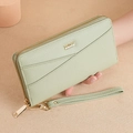 Pale green pebble faux leather long wallet with gold zipper and wrist strap - Green