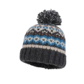 Winter knitted beanie in dark grey with colorful geometric patterns and a soft faux fur pompom - Gray