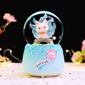 Pink and blue Nine-Tailed Fox snow globe music box featuring Good Luck engraving on the base - -033 Blue Base / Medium 80mm Light + Music