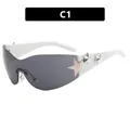 Y2K wraparound sunglasses with white frame, grey lens, and silver star accents - One Size / Gray Lens White Frame