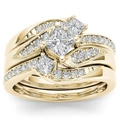 18k gold plated engagement ring set with princess cut diamonds and micro pave zirconias - Size 5 / Step Cut Princess Bypass Style (CY663) / Gold