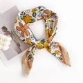Floral imitation silk square scarf in beige with vibrant yellow and blue flower prints - 70x70cm / Khaki Yellow Floral