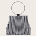 Silver rhinestone evening clutch bag with circular metal handle for women's party wear - Black