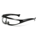 Futuristic black wrap sports sunglasses with transparent lenses and dolphin-fin temple design - Black Frame Clear Lenses