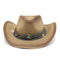 Detail of straw cowboy hat featuring ethnic beads, turquoise stone, and pink tassels - M (56-58cm) / Coffee Gradient Colorful Beads Style (6)