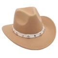 Elegant khaki felt cowboy hat featuring a white leather band with pearl and stud details. - Camel