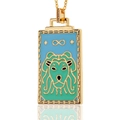 Rechteckige goldene Löwen-Halskette mit Emaille im Tarot-Stil und Unendlichkeitssymbol - Blau Grün Löwe Tarot (D285-B)