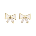 Golden bow earrings with white enamel and sparkling rectangular zircon tassels on white background - Enamel Filling / White with Bowknot