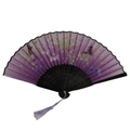 Purple Japanese folding fan with cherry blossom pattern, black bamboo frame and tassel - White Ribs Style 86