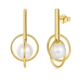 Elegant gold S925 sterling silver stud earrings with round white freshwater pearls - GPE93-14K Geometric Pearl Modern Studs / Gold
