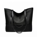Classic large black Oxford fabric tote bag with contrast leather handles and trim - Black
