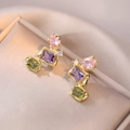 Elegant gold earrings with colorful zircon stones in pink, purple, and green on silk fabric - Geometric Retro Stacking Style (E0145) / Gold / Multicolor
