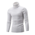 Detail of white men's slim fit turtleneck sweater with cable knit and ribbed textures - M / White