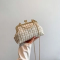 Chic white and gold tweed shell bag with metallic frame and gold chain strap - White