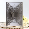 Laser cut dark grey butterfly lace wedding invitation card with sample text inside - Silver Gray