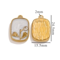 Golden rectangular oil painting pendant with white enamel and botanical texture details - Rectangular Floral Rhinestone Pendant (Z2361GA) / White