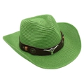 Detailed view of green woven western cowboy straw hat featuring a bull head metal ornament - One Size / Grass Green