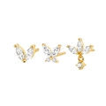 Close-up of gold stud earring set with marquise and round white cubic zirconia stones - Gold Butterfly Leaf Stud 3-Piece Set (#61)