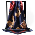 Navy blue satin square scarf with vintage belt print on a black hanging frame - Belt Chain Navy Blue