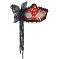 Masquerade ball mask in red and black sequins with butterfly wings and tassels - Side Butterfly Tassel Ribbon Style / Red
