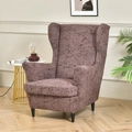Brownish-purple wingback chair cover with abstract dark line pattern in a home setting - Heather Coffee