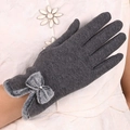 Dark grey winter knit gloves with plush rabbit fur trim and decorative bow detail - Fleece Butterfly - Grey
