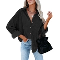 Oversized black corduroy button-down shirt with long sleeves and front pocket - S / Black