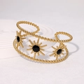 Vintage gold sunflower open bangle with double layers and black gemstones on white stand - Black