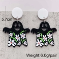 Ghost earrings detail with measurements, white flower patterns on black acrylic surface - JE1011D (Black Ghost with Flowers)