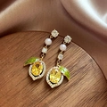 Exquisite gold lemon stud earrings with yellow gemstones, green enamel leaves and pearls - Yellow Lemon Style