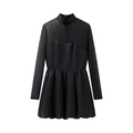 Elegant black long sleeve mini dress featuring sheer mesh paneling and a puffy A-line skirt - S / Black