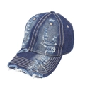 Casquette de baseball en jean bleu marine délavé vintage avec détails déchirés style urbain - Bleu foncé / Réglable