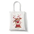 White canvas tote bag featuring festive Christmas reindeer illustration and red snowflakes - C5 Red Nosed Reindeer