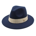 Detail of dark blue wool fedora featuring woven band and gold M-letter metal buckle - Navy Blue
