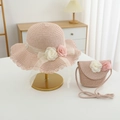 Straw sun hat and floral bag set for girls with lace edge and pearl flower accents - Hat And Bag / Pink