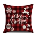 Red and black plaid Christmas reindeer throw pillow cover with Merry Christmas script - Red Black Plaid White Reindeer Text/22YM13-16