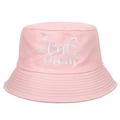 Pink cotton bucket hat with white Cat Mom embroidery and cat ears design on plain white background - Adjustable / Pink
