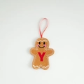 Brown felt gingerbread man ornament with red embroidered letter Y and hanging ribbon - Letter Y