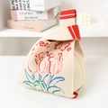 Knitted tulip tote bag in beige and red with Feel Life text and knot handle - Beige Life Flower