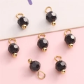 DIY black faceted glass charms with golden metal beads for jewelry making, 7 pieces - Black Round Bead