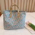 Floral print tote bag with brown PU leather handles and zipper in French pastoral style - Pink and Blue Floral